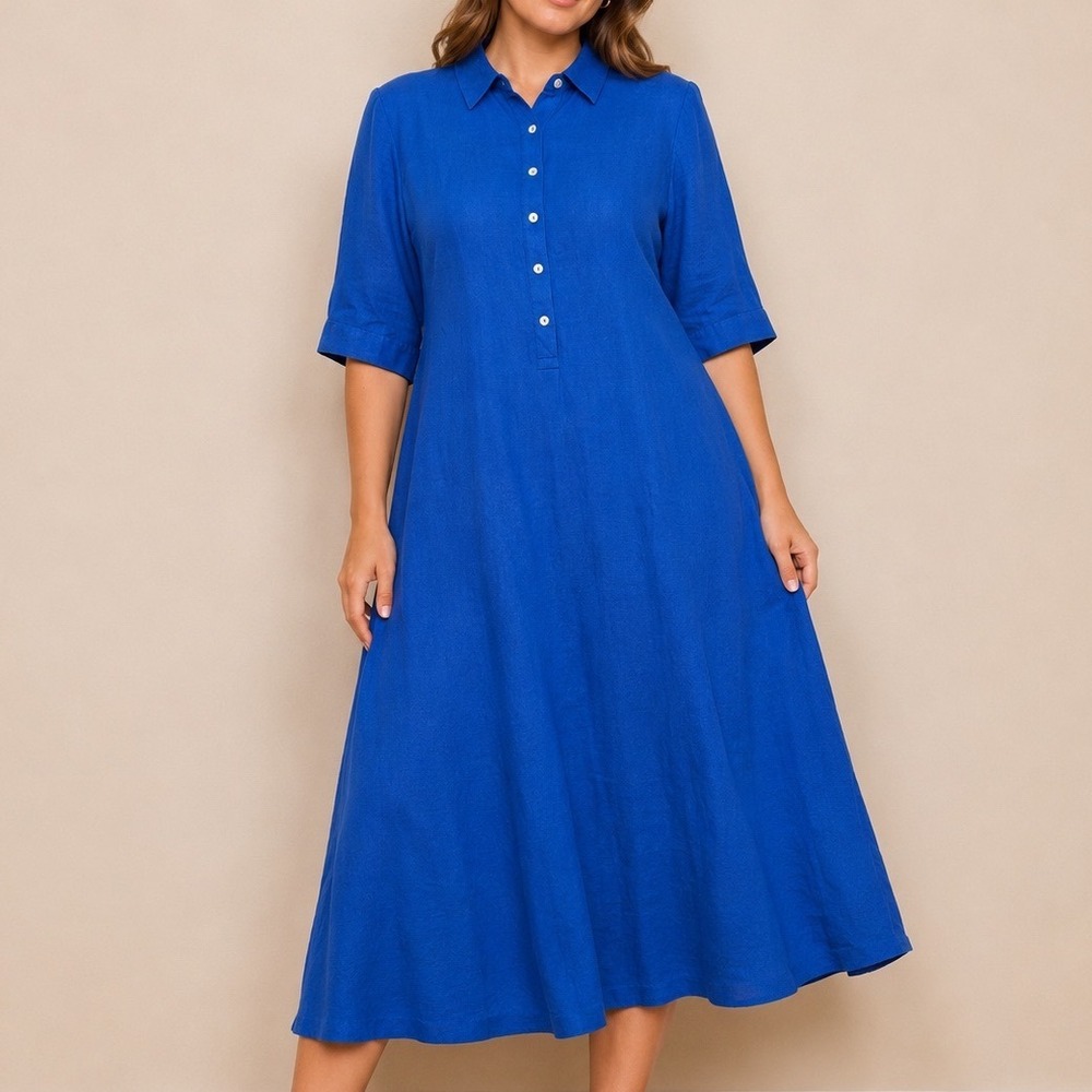 J. Jill Love Linen‎ Shirt Dress Cobalt Blue XL Coastal Pockets 100% Linen preppy